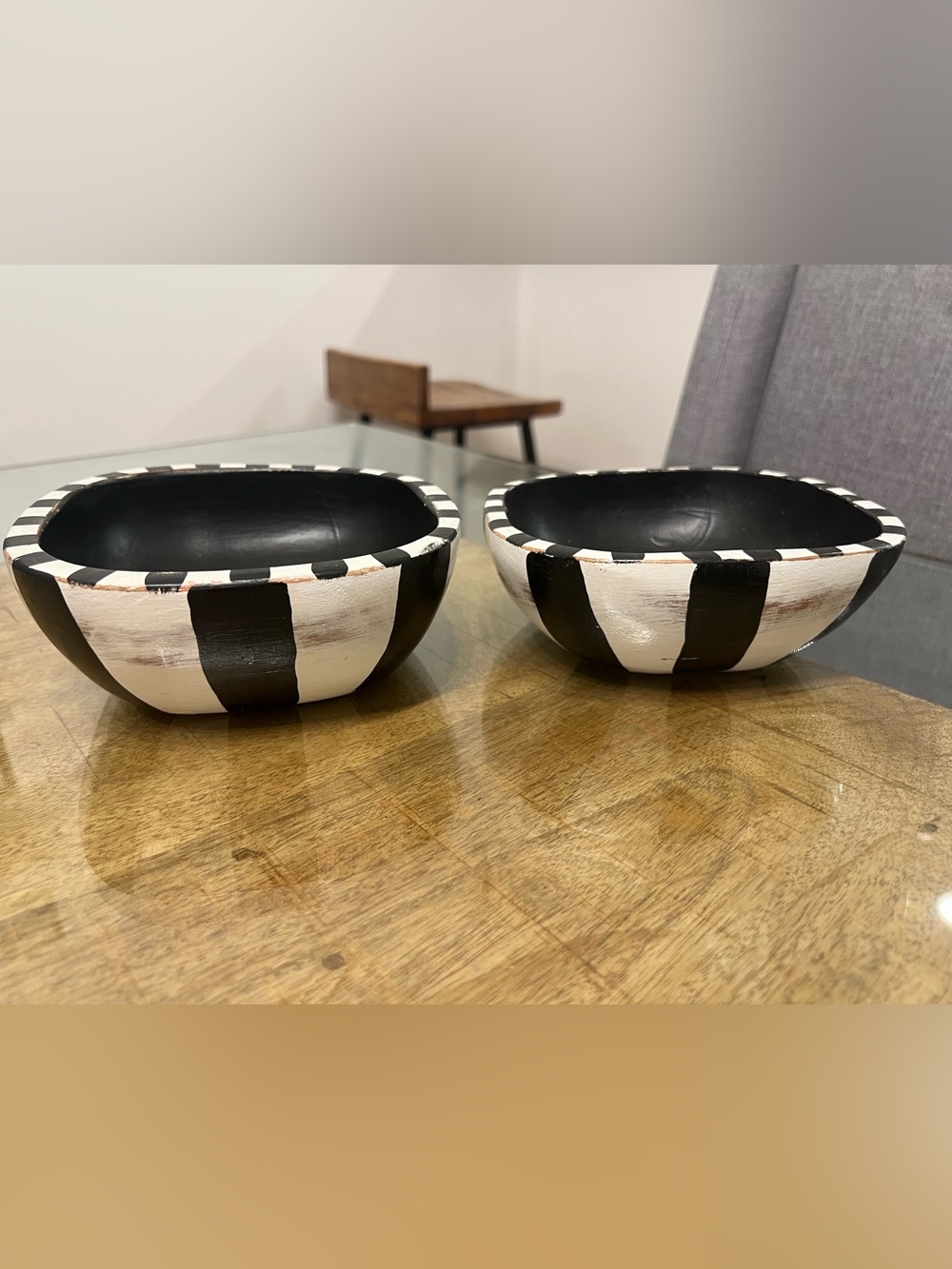 Black and White Striped Wood Bowls - Set of 2 - Picture 2 of 4